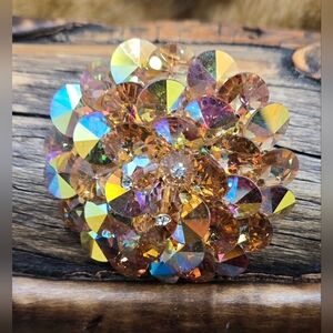 AB Crystal Brooch Amber Color Pin Set Construction Vintage 2" Diameter